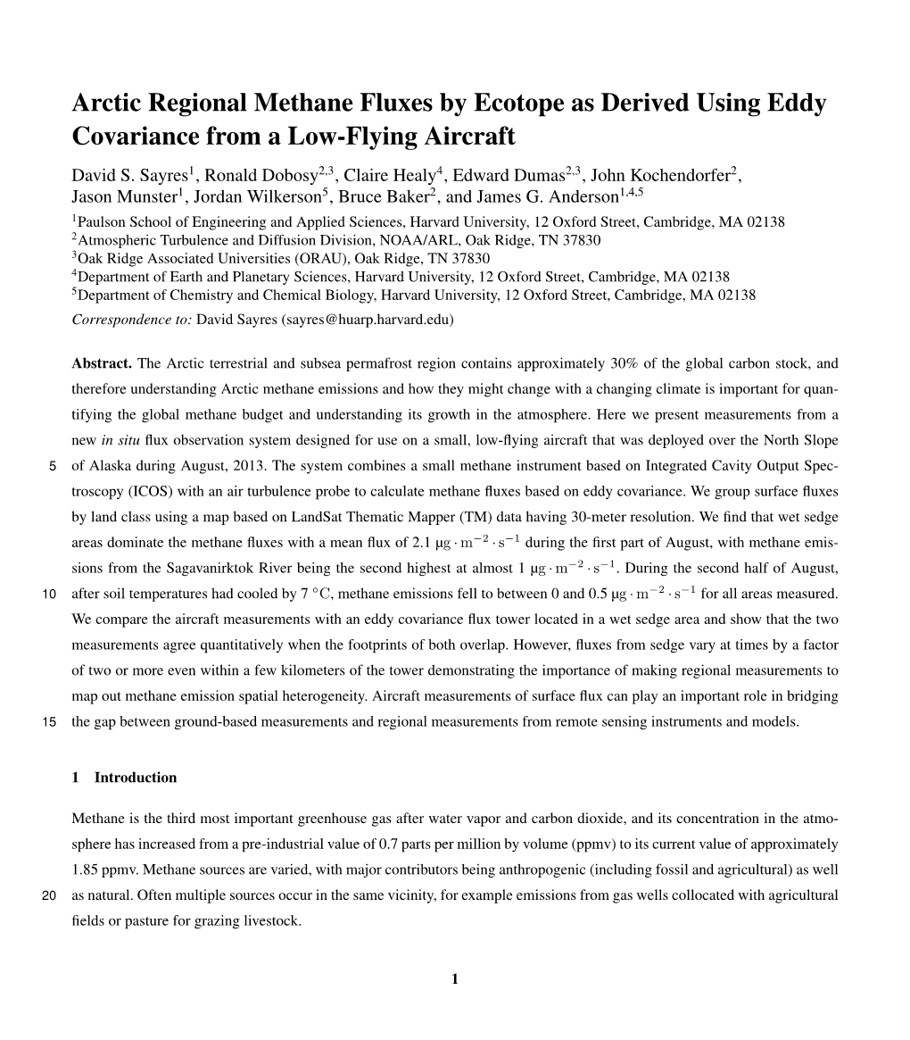 Arctic Regional Methane Fluxes by Ecotope As Derived Using Eddy Covariance from a Low-Flying Aircraft David S