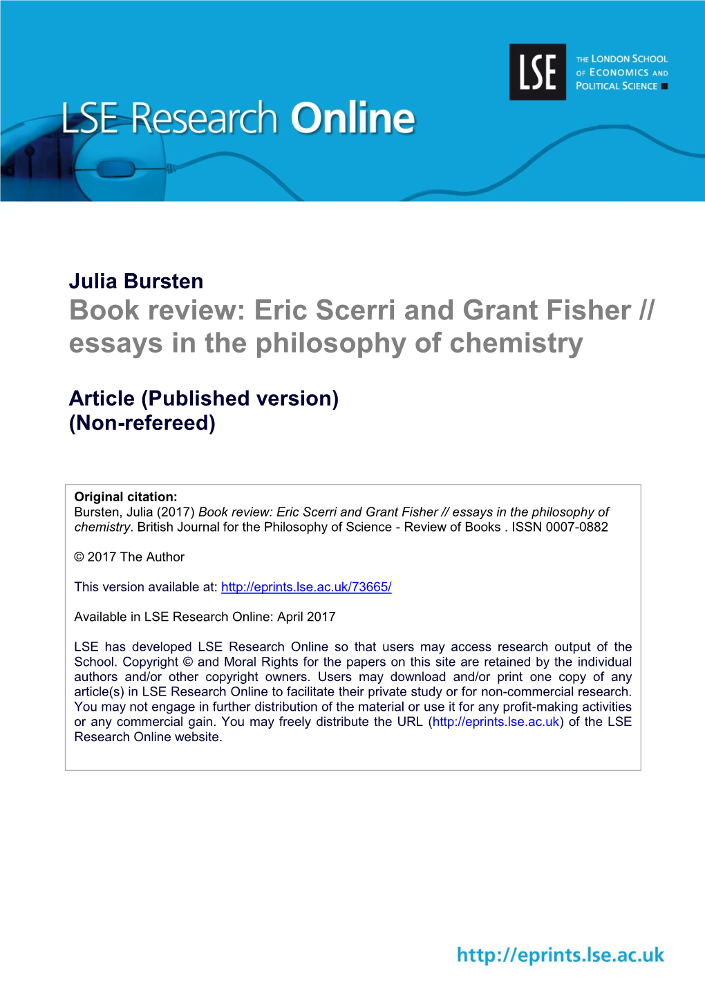 Eric Scerri and Grant Fisher // Essays in the Philosophy of Chemistry