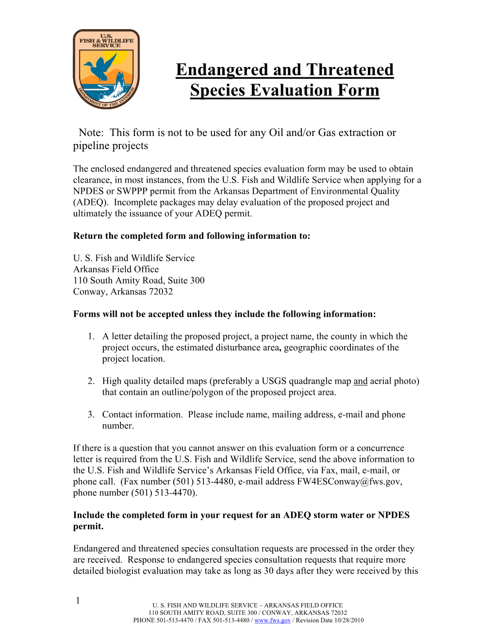 Endangered and Threatened Species Evaluation Form