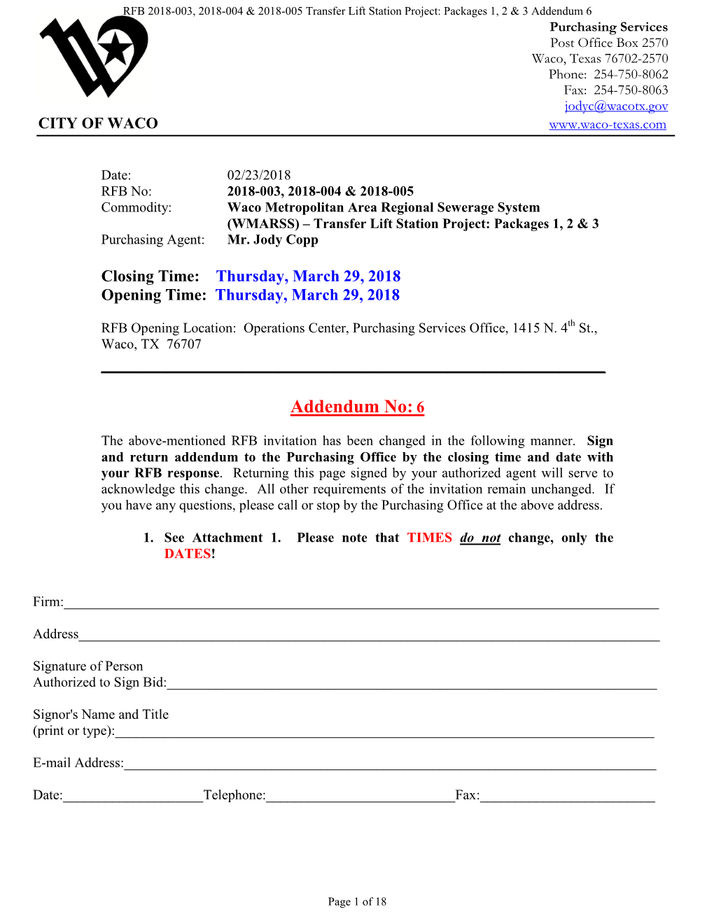 WMARSS Transfer Lift Station and Force Main Project – Phase 1 Waco, TX Dated December 2016” 2