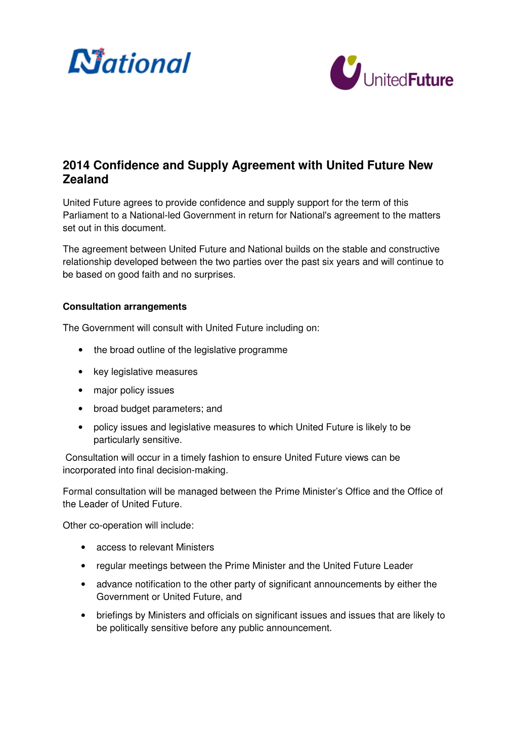 2014 Confidence and Supply Agreement with United Future New Zealand