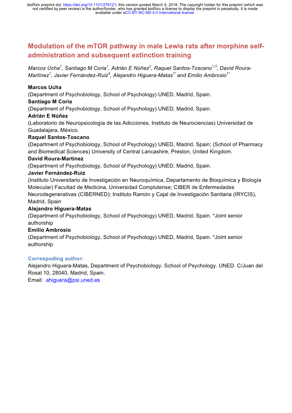 Modulation of the Mtor Pathway in Male Lewis Rats After Morphine Self- Administration and Subsequent Extinction Training