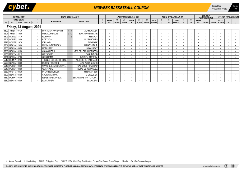 Midweek Basketball Coupon 11/08/2021 11:19 1 / 1