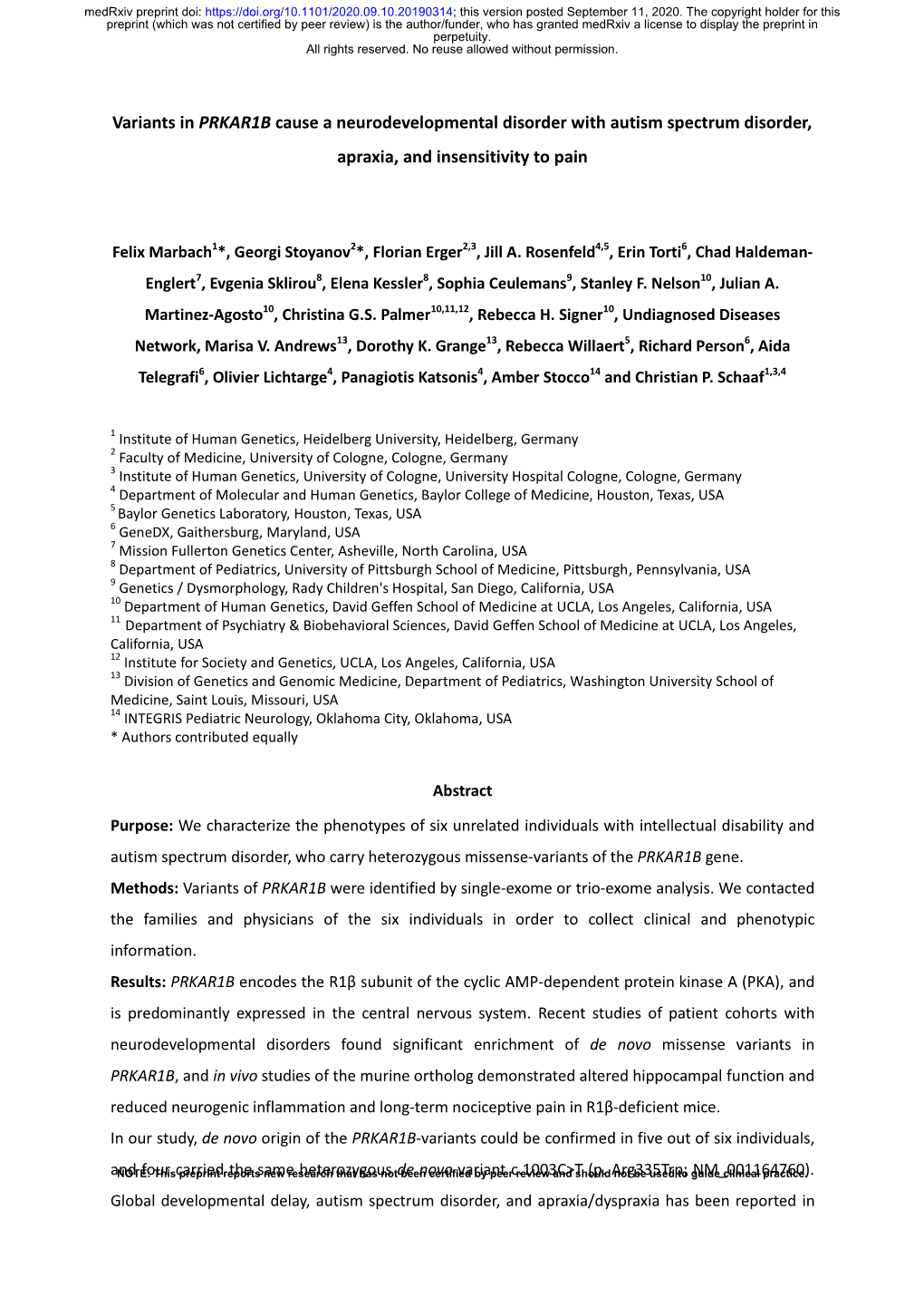 Variants in PRKAR1B Cause a Neurodevelopmental Disorder with Autism Spectrum Disorder, Apraxia, and Insensitivity to Pain