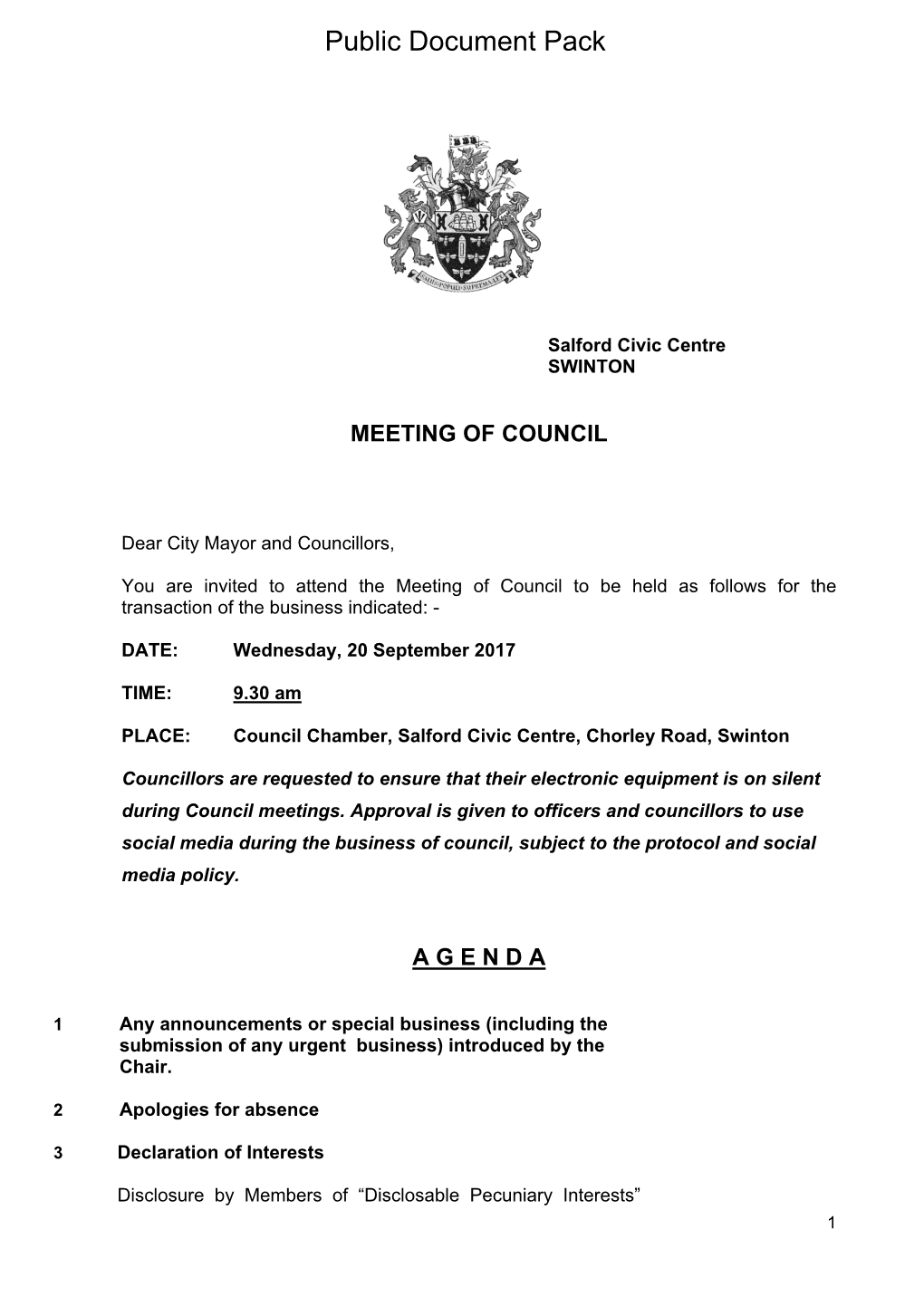 (Public Pack)Agenda Document for Council, 20/09/2017 09:30