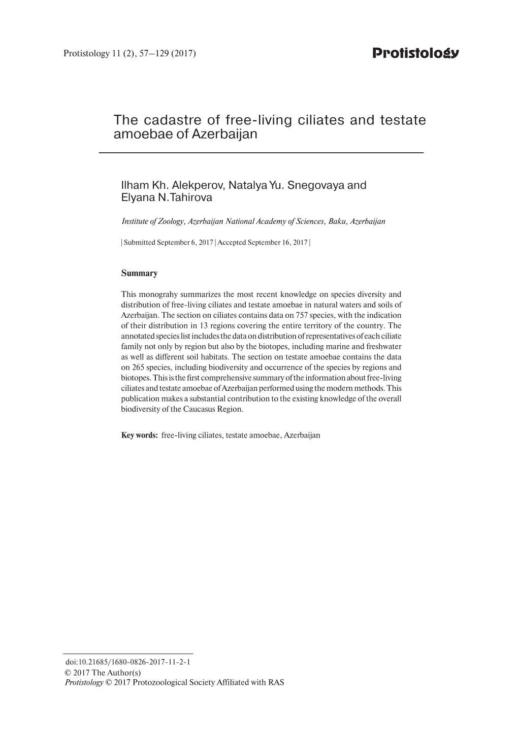 Protistology the Cadastre of Free-Living Ciliates and Testate Amoebae of Azerbaijan