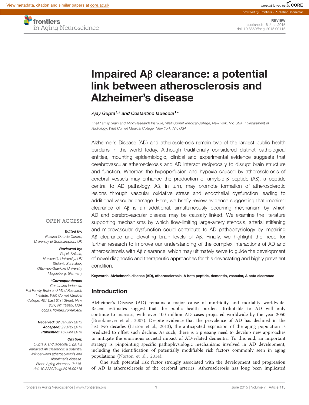 Impaired Aβ Clearance: a Potential Link Between Atherosclerosis and Alzheimer’S Disease