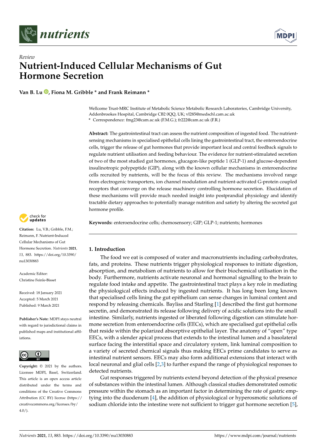 Nutrient-Induced Cellular Mechanisms of Gut Hormone Secretion