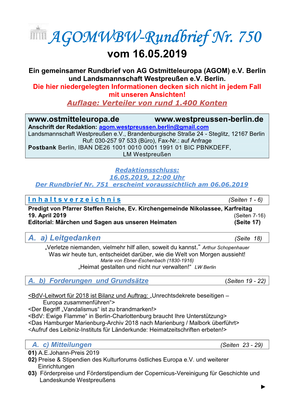 AGOMWBW-Rundbrief Nr. 750 Vom 16.05.2019