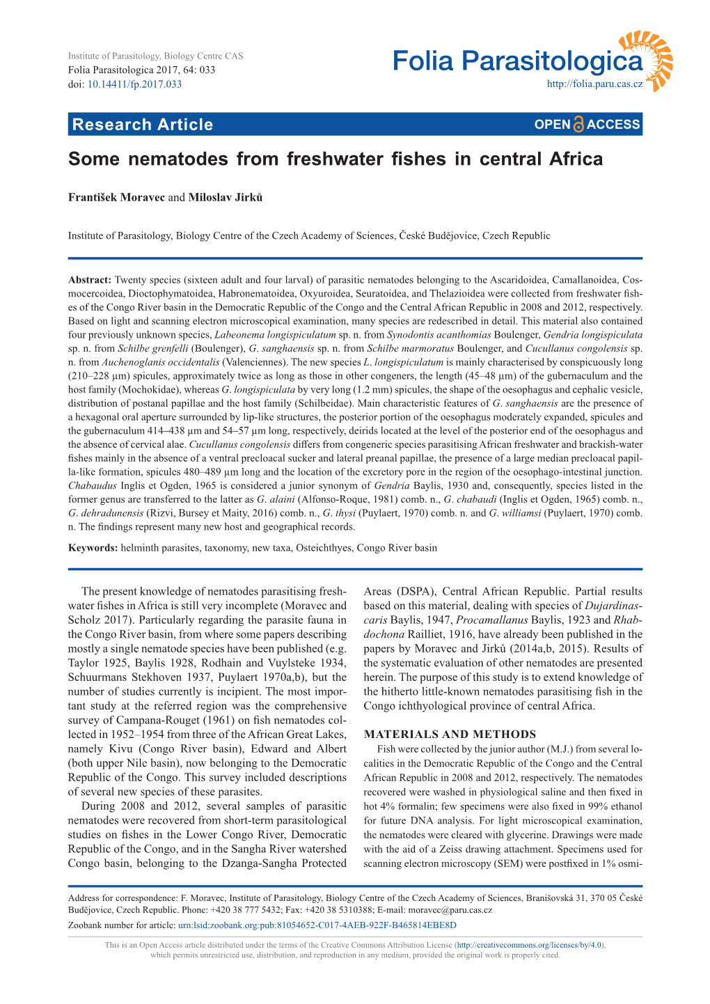 Some Nematodes from Freshwater Fishes in Central Africa