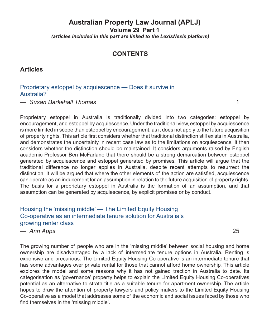 Australian Property Law Journal (APLJ) Volume 29 Part 1 (Articles Included in This Part Are Linked to the Lexisnexis Platform)