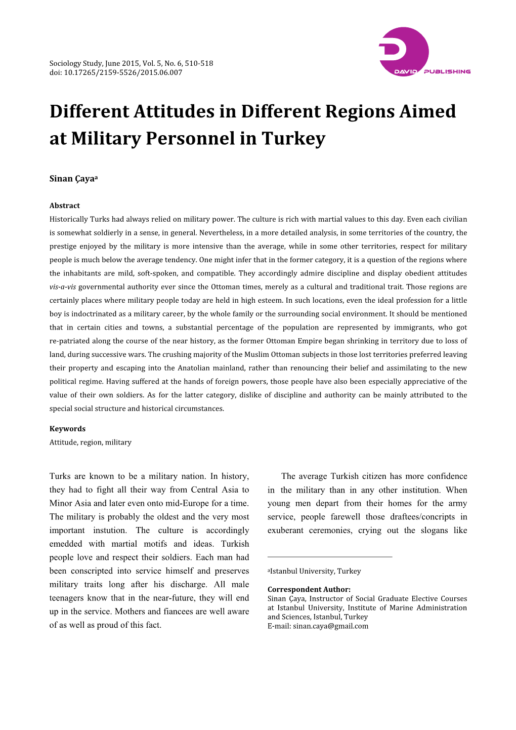 Different Attitudes in Different Regions Aimed at Military Personnel in Turkey