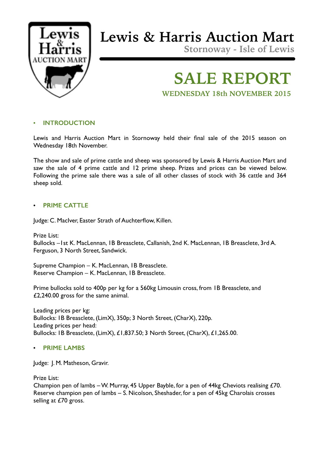 Sale Report 18Th Nov 15