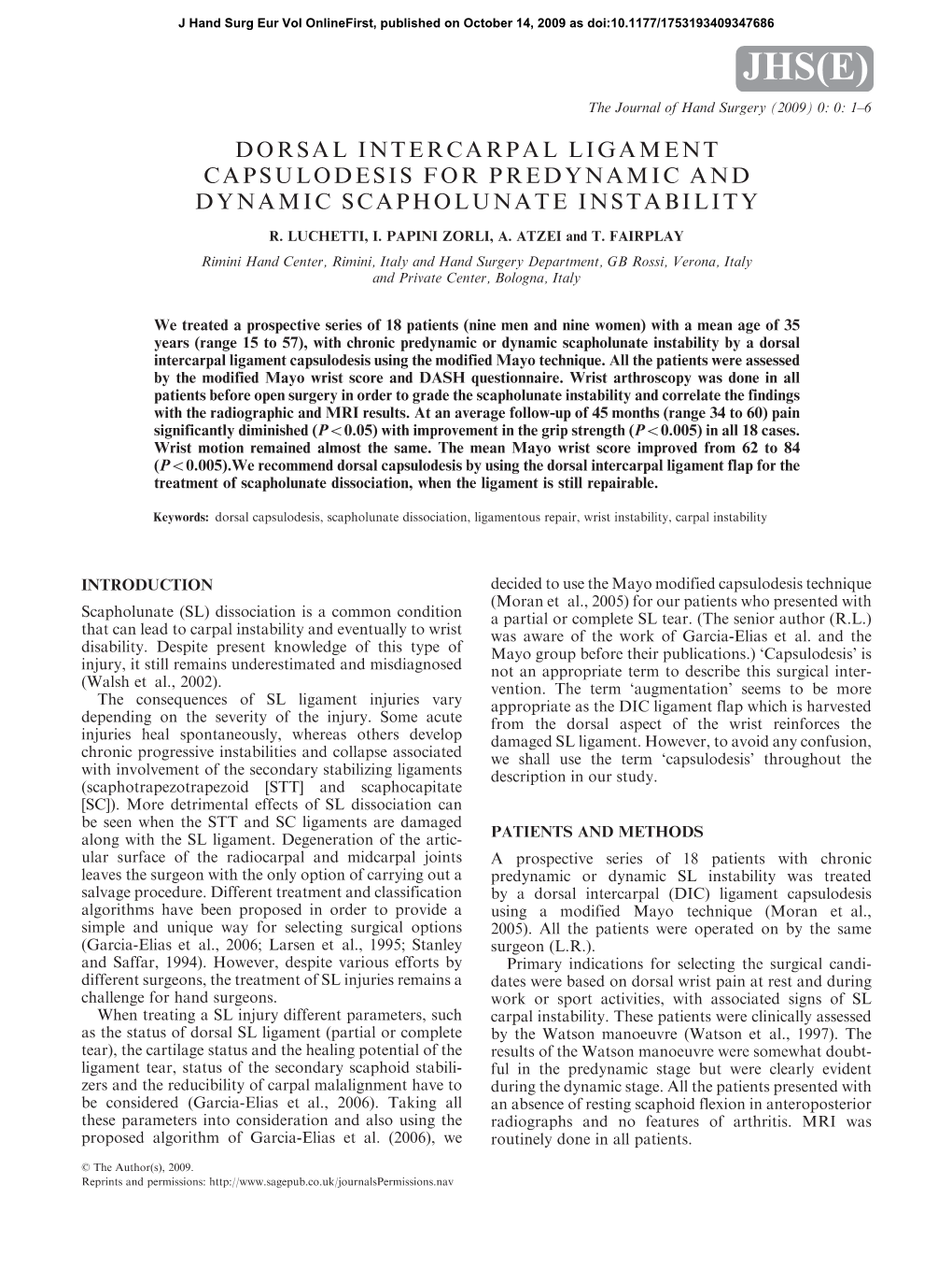 Dorsal Intercarpal Ligament Capsulodesis for Predynamic and Dynamic Scapholunate Instability