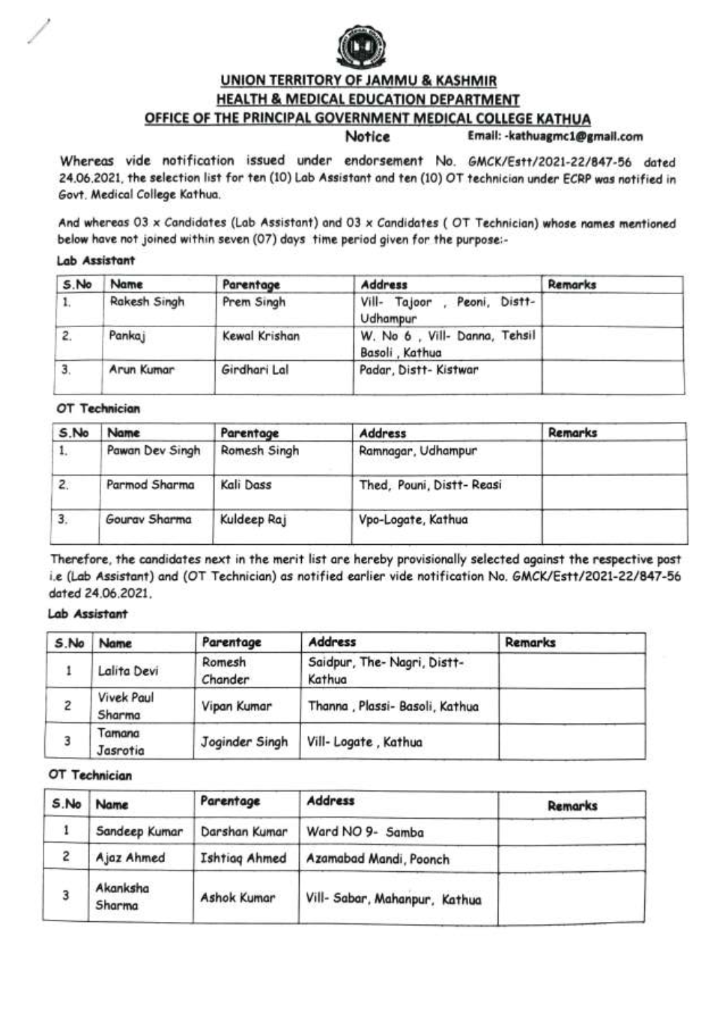 OFFICE of the PRINCIPAL GOVERNMENT MEDICAL COLLEGE KATHUA Notice Emalil: -Kathuagmc1@Gmil.Com Whereas Vide Notification Issued Under Endorsement No