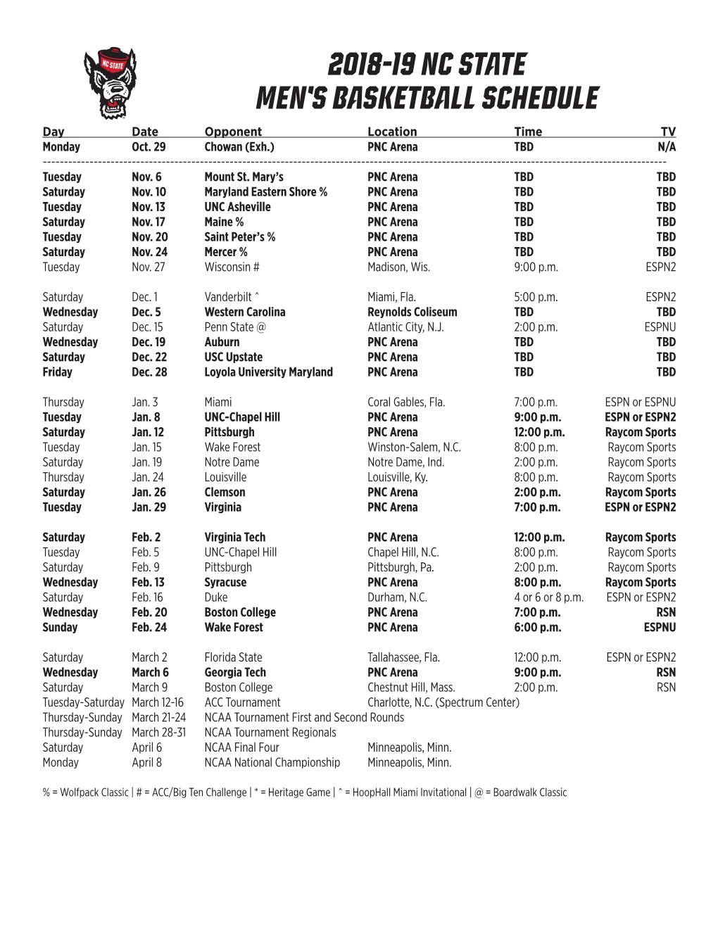 2018-19 NC State Men's Basketball Schedule