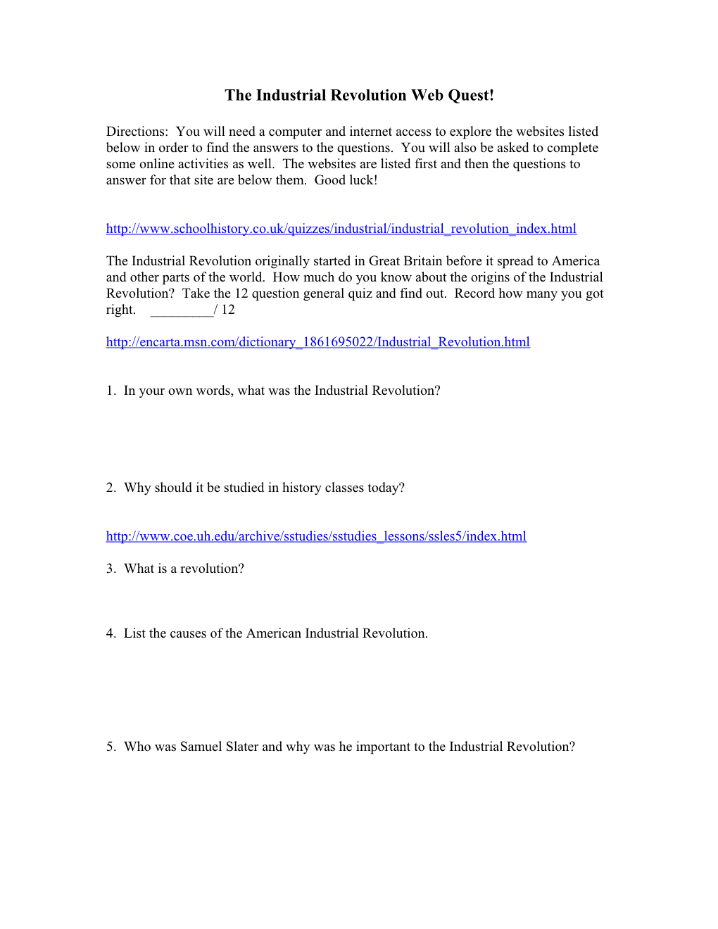 The Industrial Revolution Web Quest