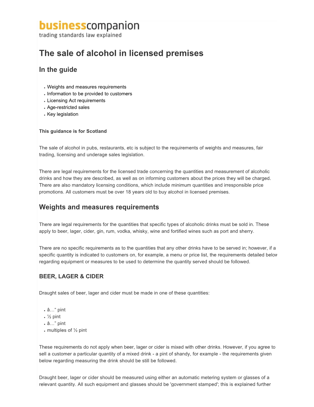 The Sale of Alcohol in Licensed Premises