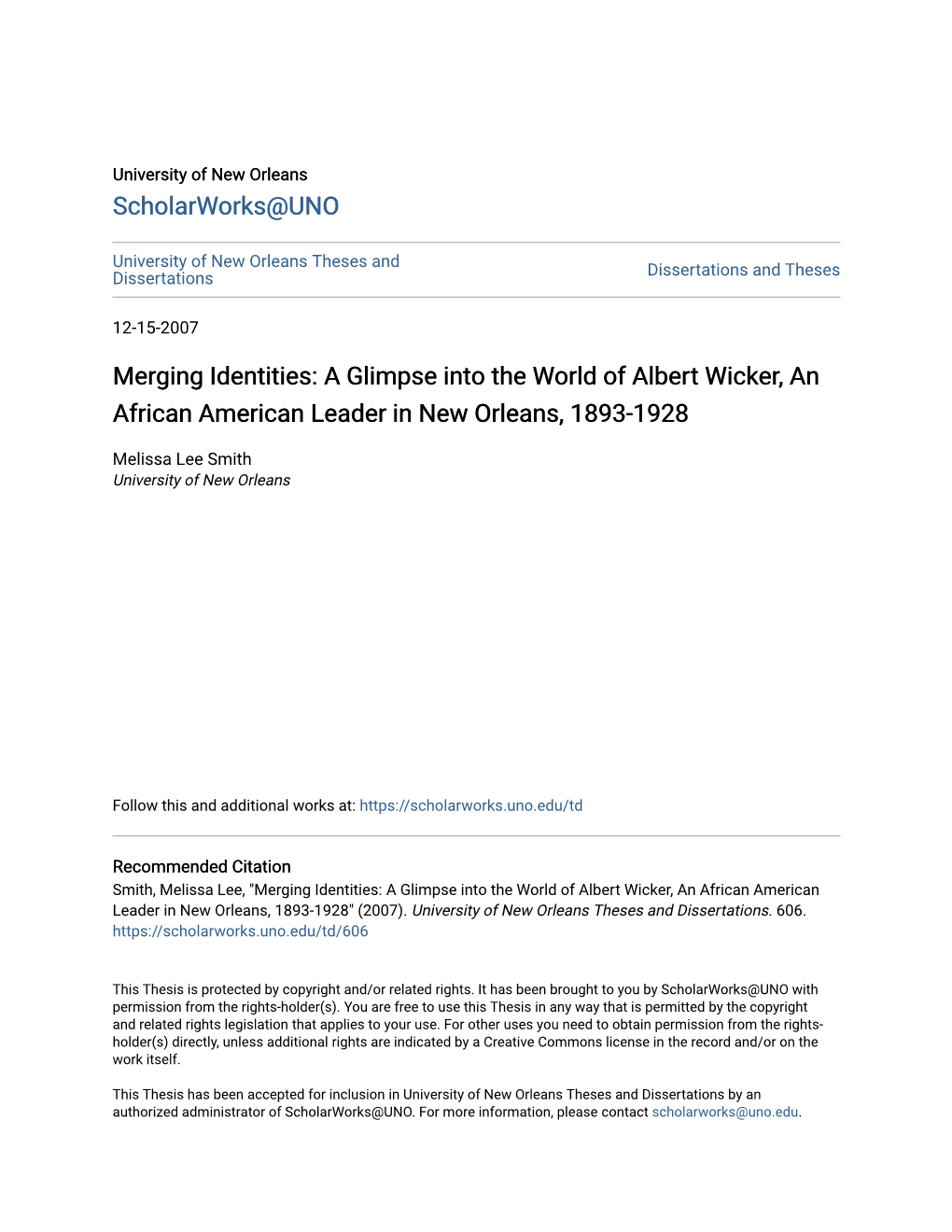 A Glimpse Into the World of Albert Wicker, an African American Leader in New Orleans, 1893-1928