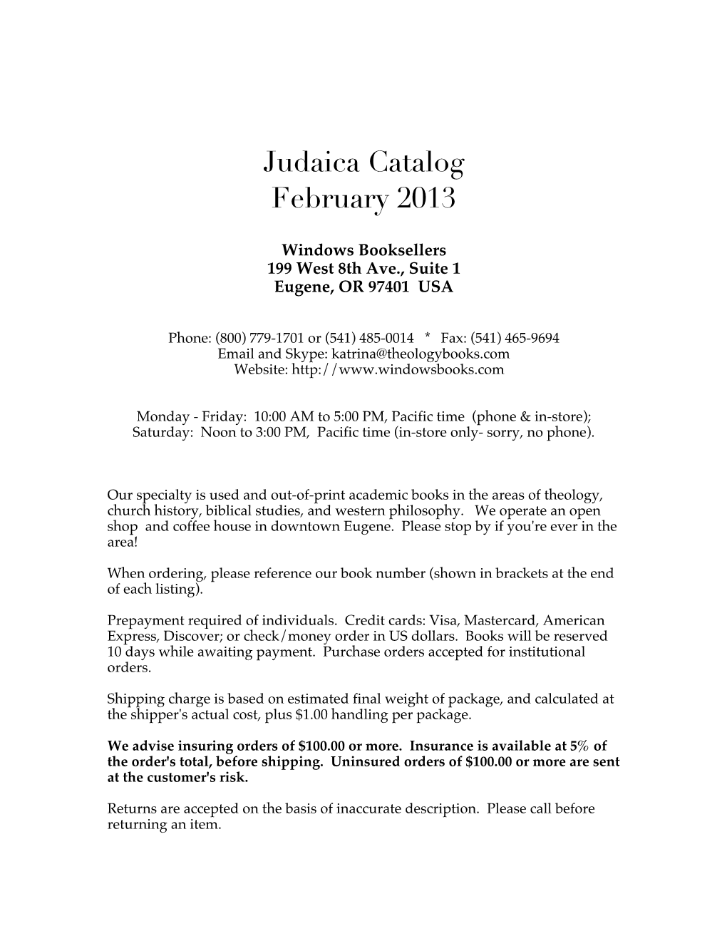 Judaica Catalog February 2013