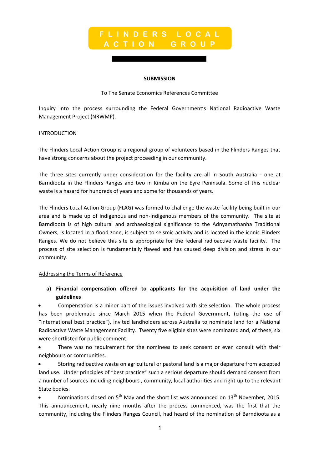 Page 1 1 SUBMISSION to the Senate Economics References