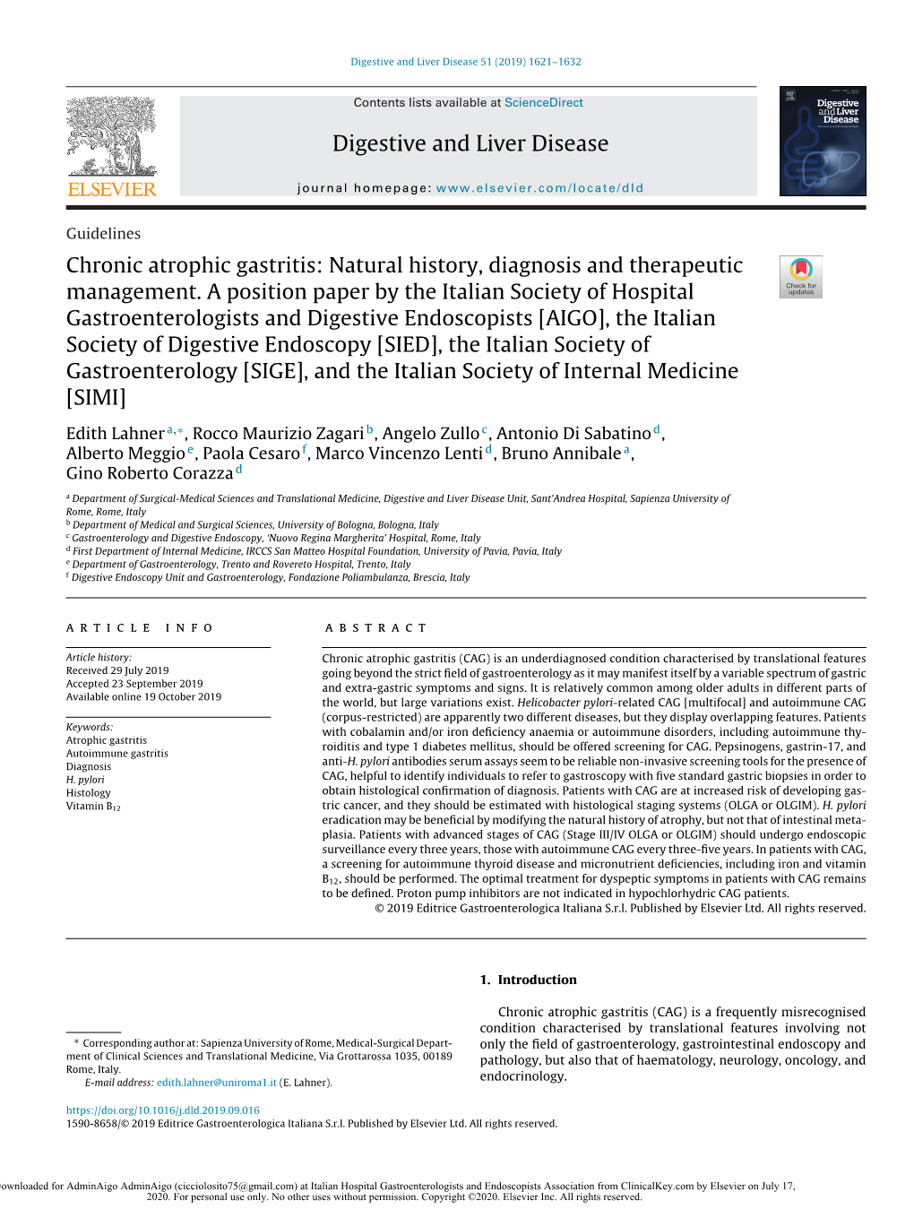 Chronic Atrophic Gastritis: Natural History, Diagnosis and Therapeutic