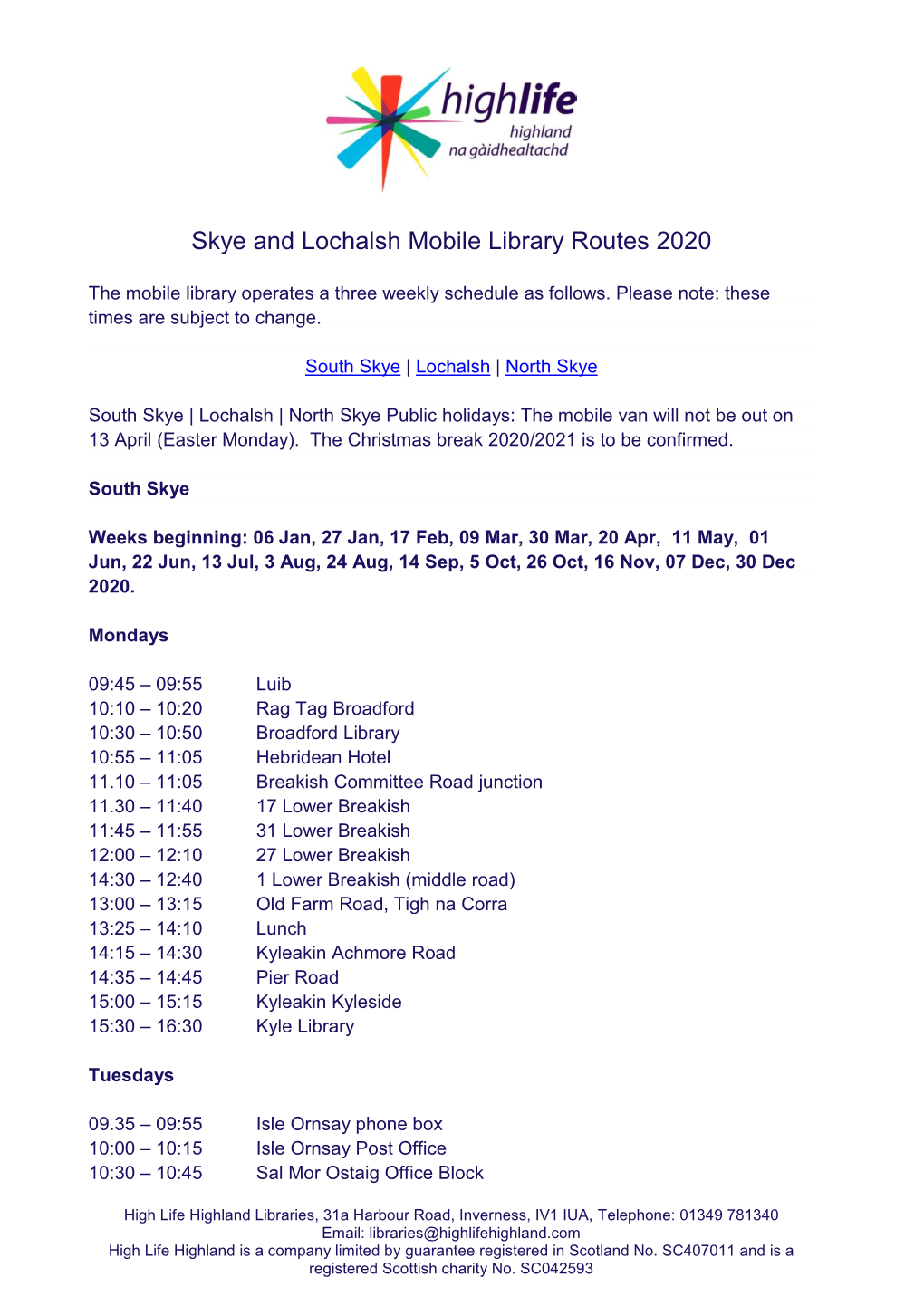 Skye and Lochalsh Mobile Library Routes 2020
