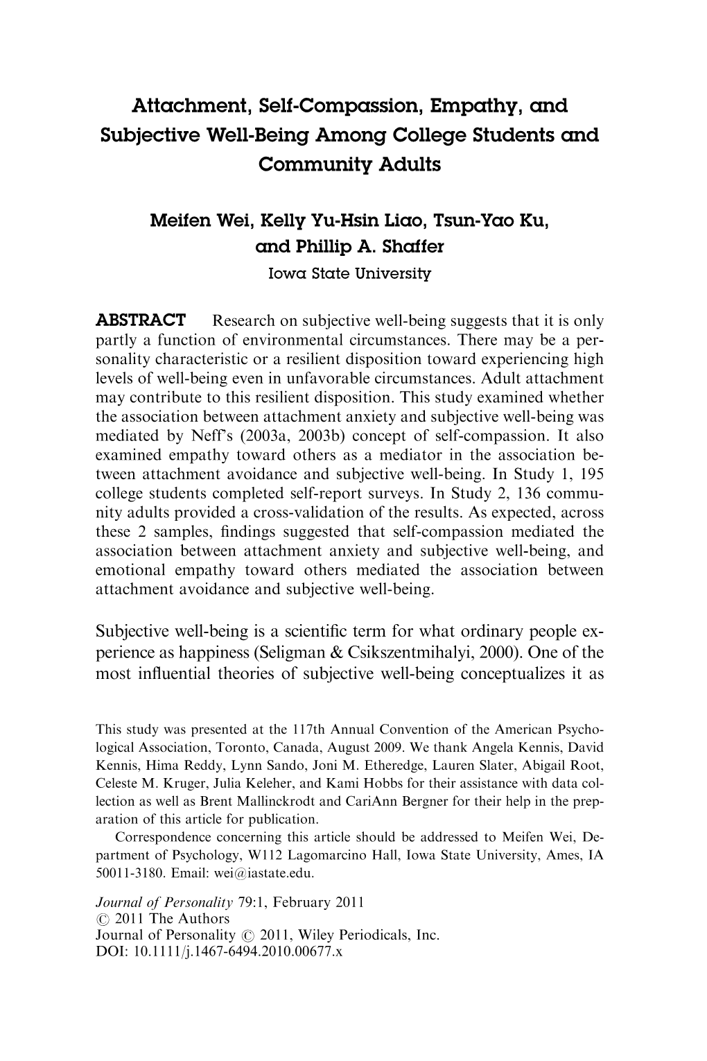 Attachment, Self-Compassion, Empathy, and Subjective Well-Being Among College Students and Community Adults