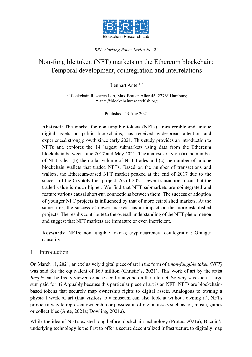 Non-Fungible Token (NFT) Markets on the Ethereum Blockchain: Temporal Development, Cointegration and Interrelations