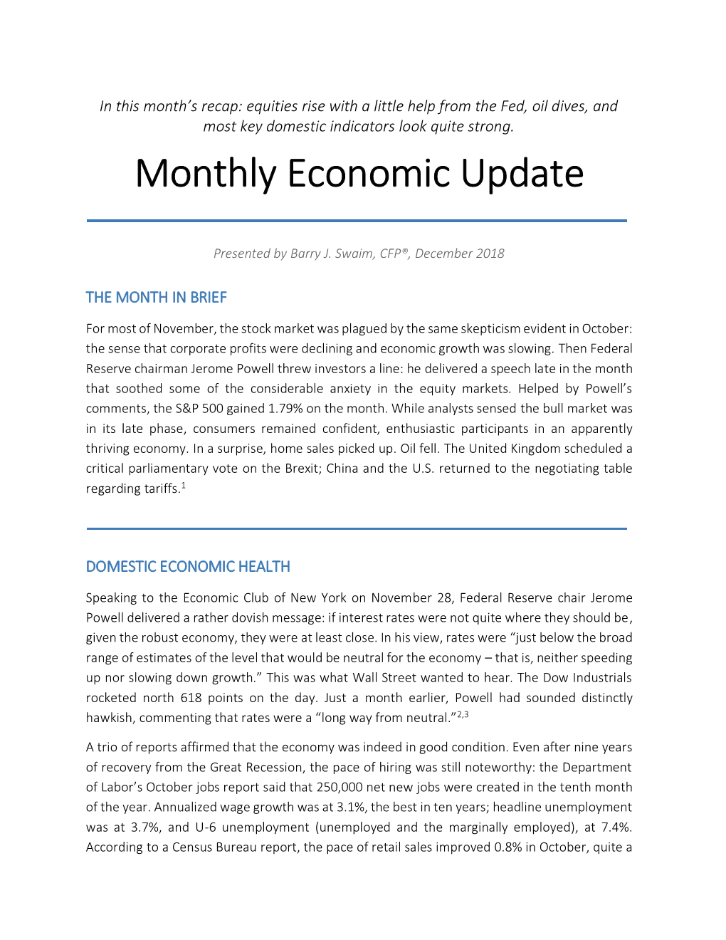 Monthly Economic Update