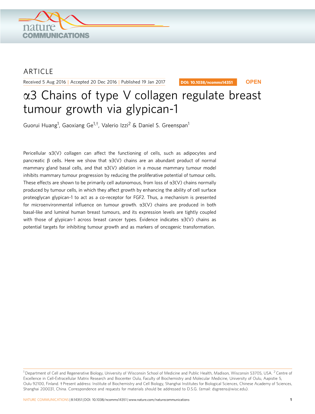 3 Chains of Type V Collagen Regulate Breast Tumour Growth Via Glypican-1