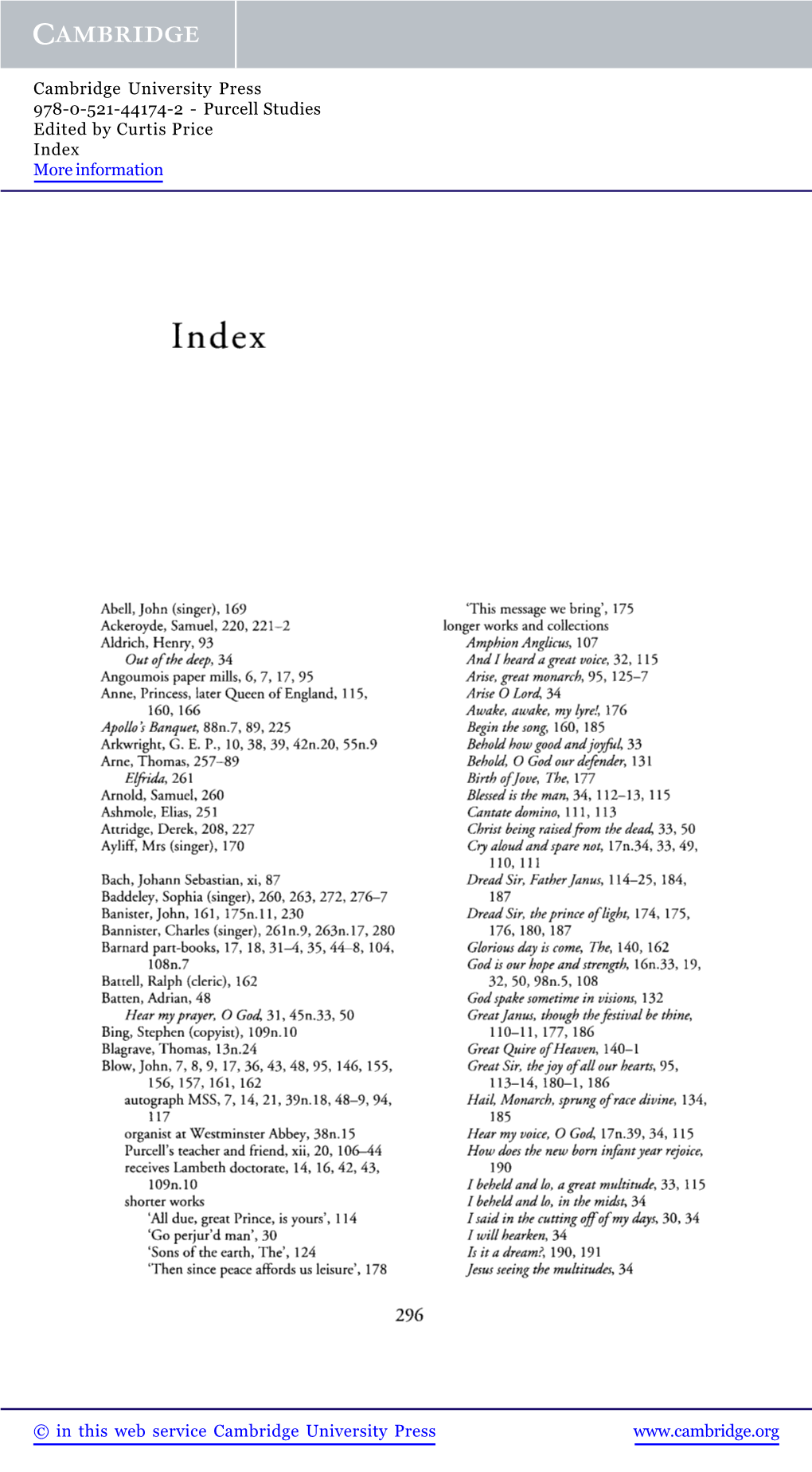 Purcell Studies Edited by Curtis Price Index More Information