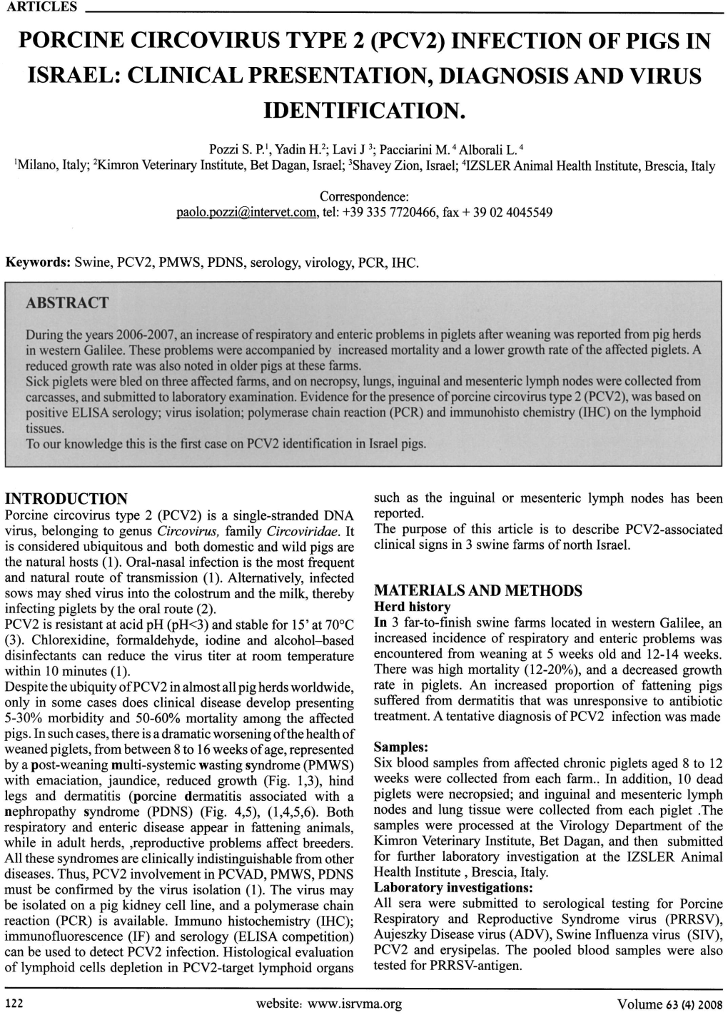 Porcine Circovirus Type 2 (Pcv2) Infection of Pigs in Israel: Clinical Presentation, Diagnosis and Virus Identification