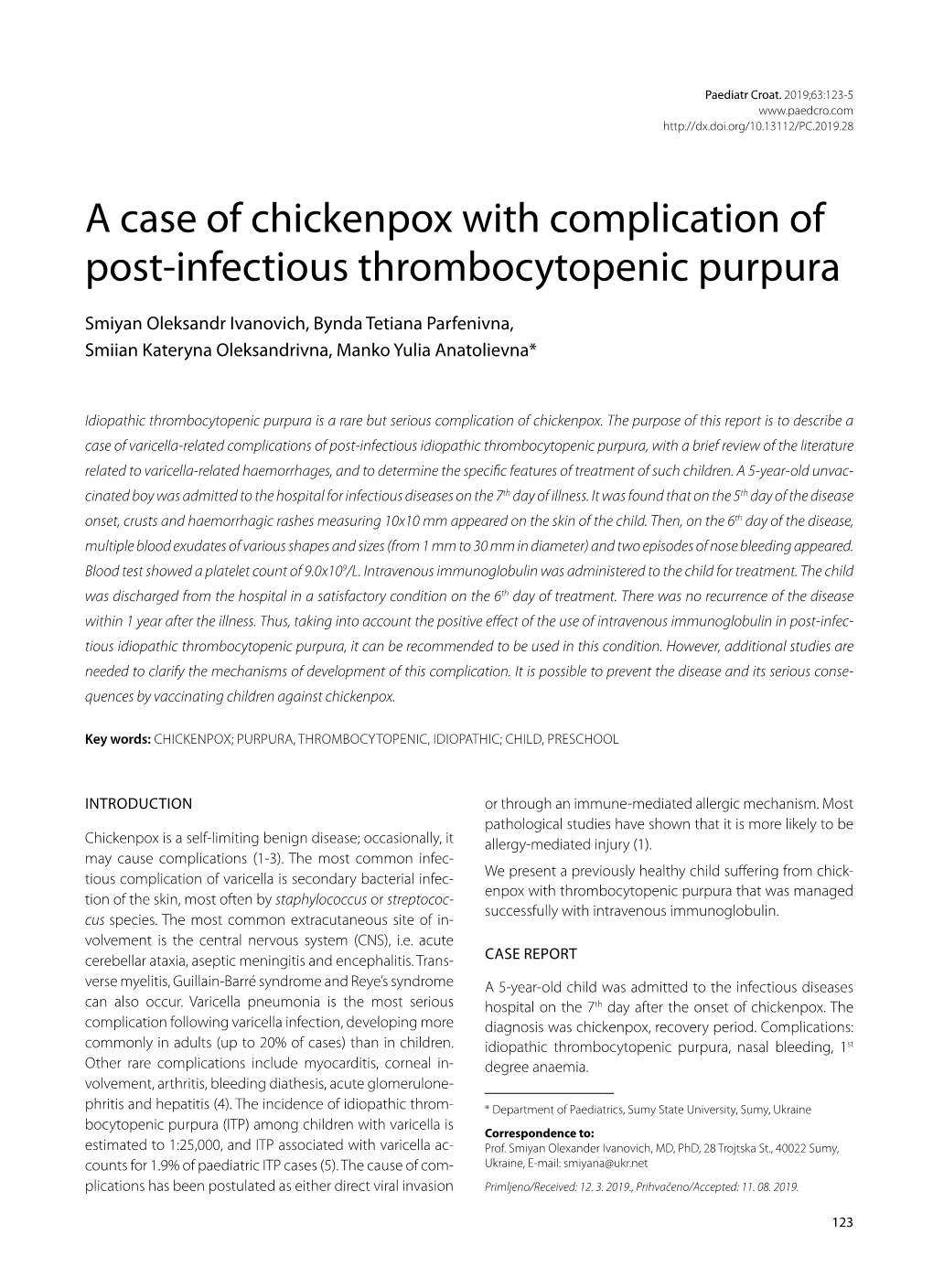 A Case of Chickenpox with Complication of Post-Infectious Thrombocytopenic Purpura