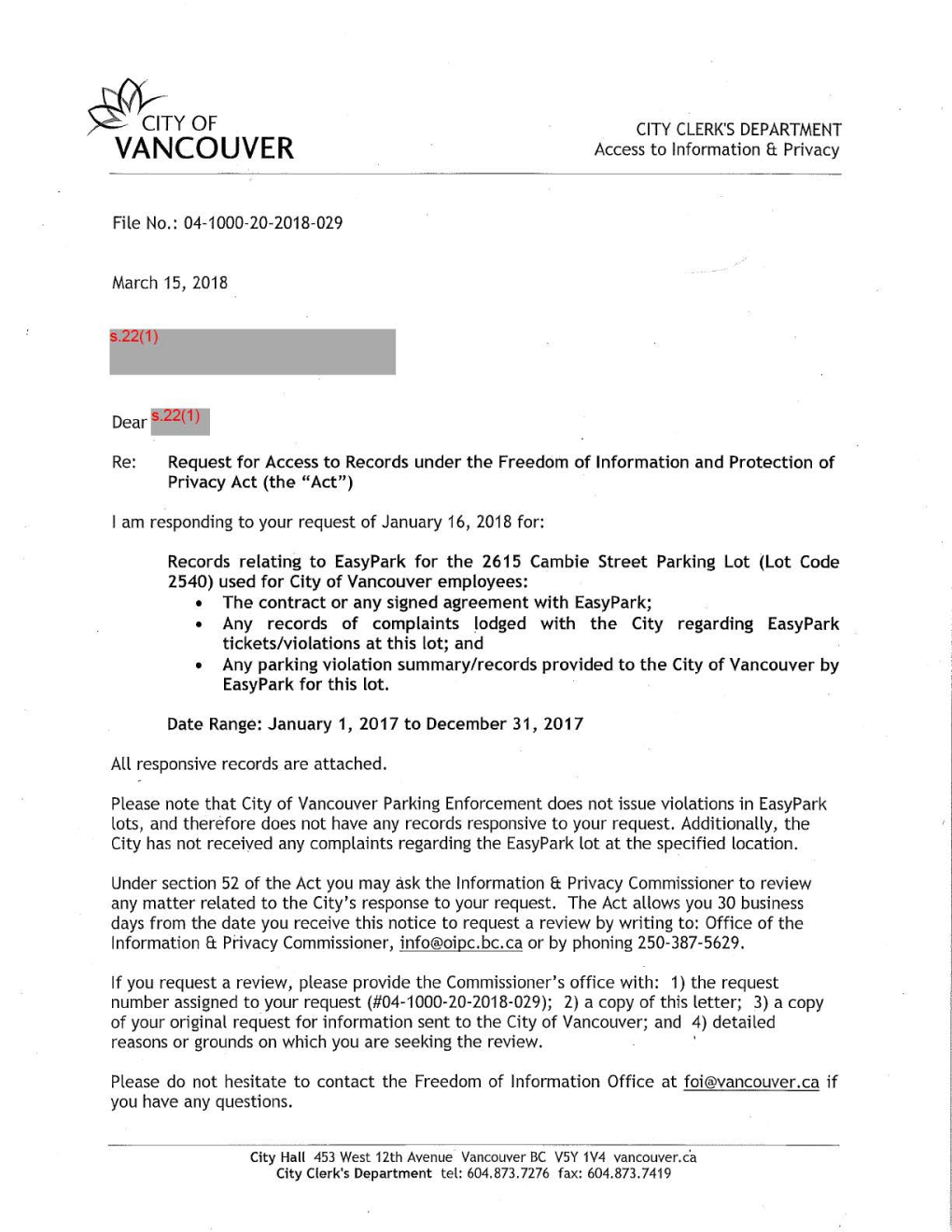 Records Relating to Easypark for the 2615 Cambie Street Parking Lot (Lot