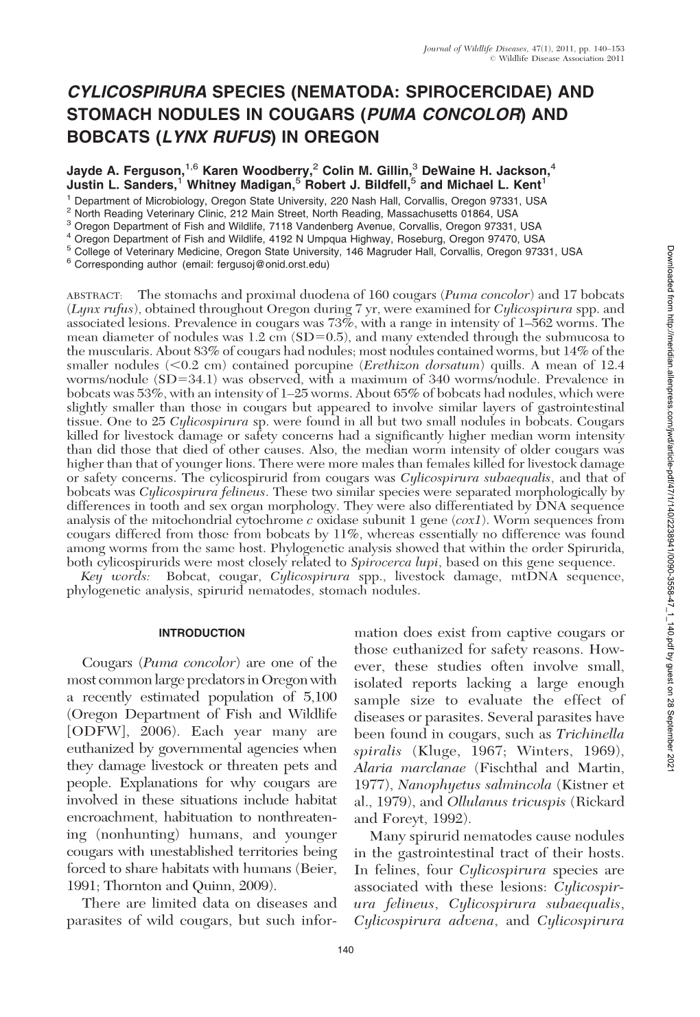 Cylicospirura Species (Nematoda: Spirocercidae) and Stomach Nodules in Cougars (Puma Concolor) and Bobcats (Lynx Rufus) in Oregon