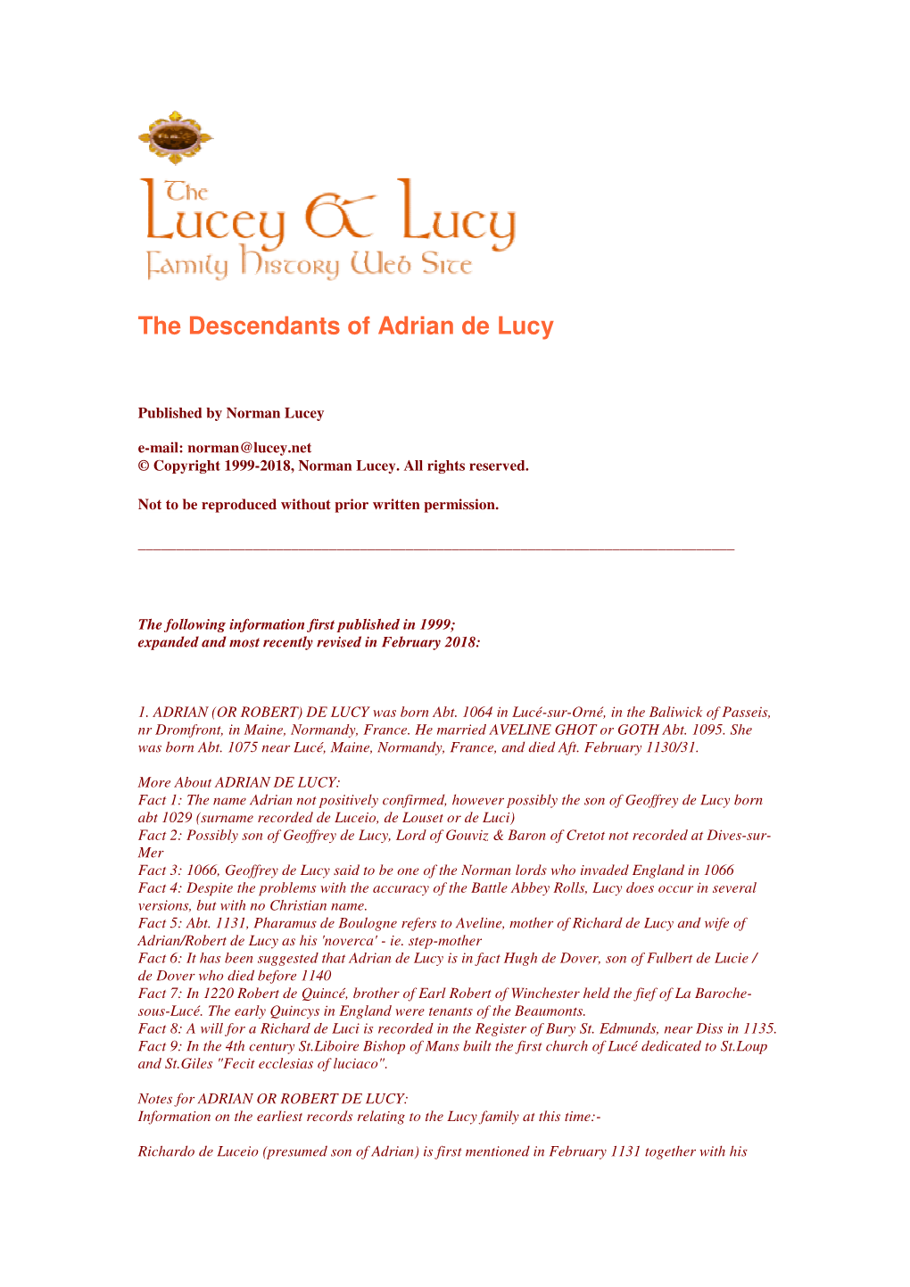 The Descendants of Adrian De Lucy by Norman Lucey