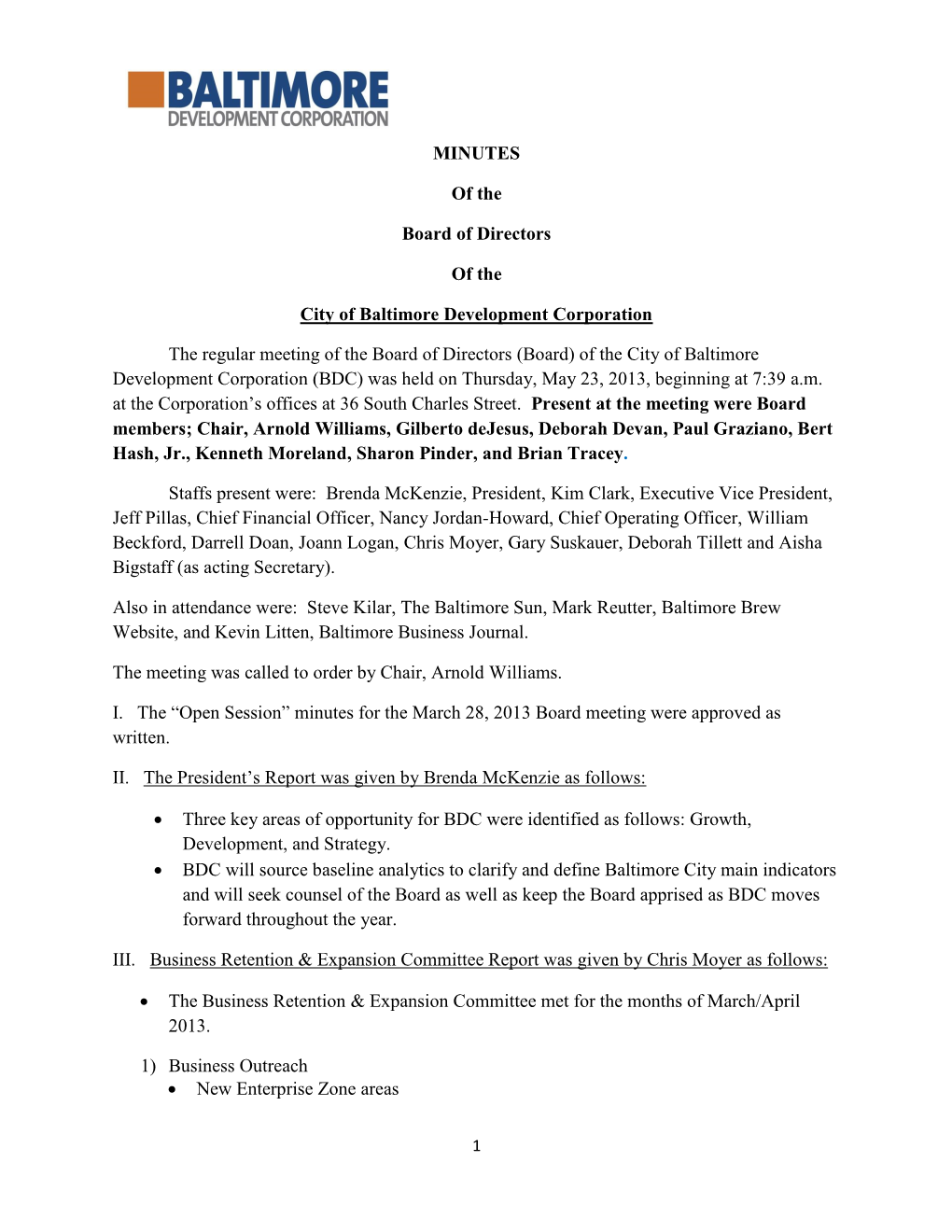 MINUTES of the Board of Directors of the City of Baltimore Development