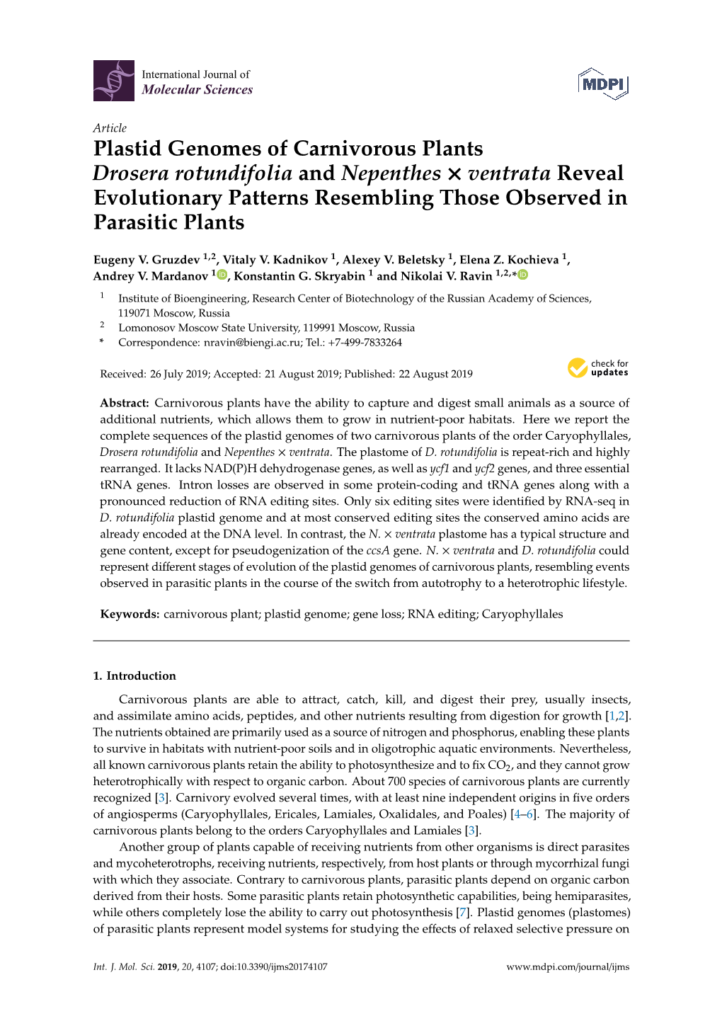 Plastid Genomes of Carnivorous Plants Drosera Rotundifolia and Nepenthes × Ventrata Reveal Evolutionary Patterns Resembling Those Observed in Parasitic Plants