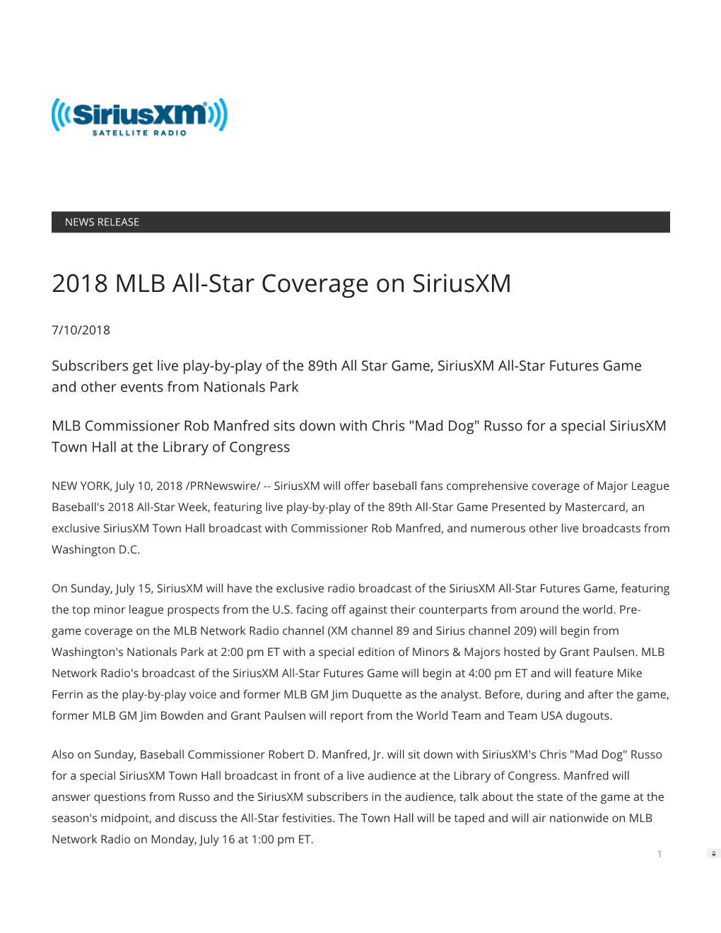 2018 MLB All-Star Coverage on Siriusxm