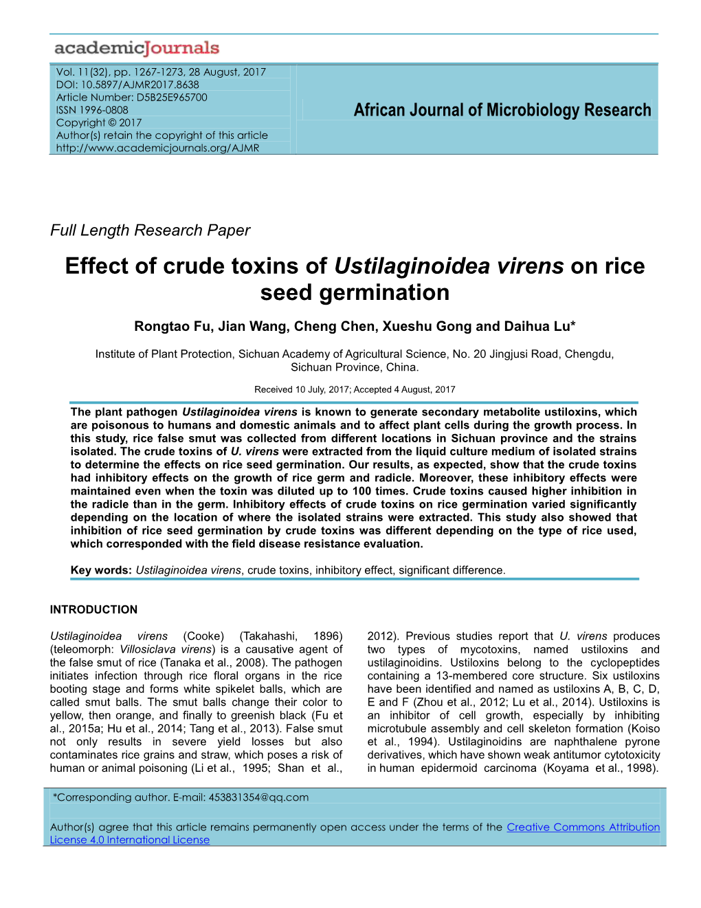 Effect of Crude Toxins of Ustilaginoidea Virens on Rice Seed Germination