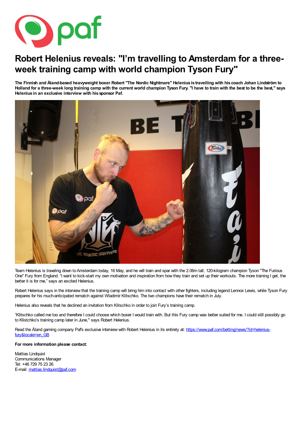 Robert Helenius Reveals: "I’M Travelling to Amsterdam for a Three- Week Training Camp with World Champion Tyson Fury"