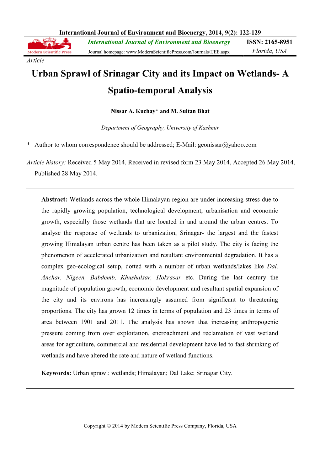 Urban Sprawl of Srinagar City and Its Impact on Wetlands- a Spatio-Temporal Analysis