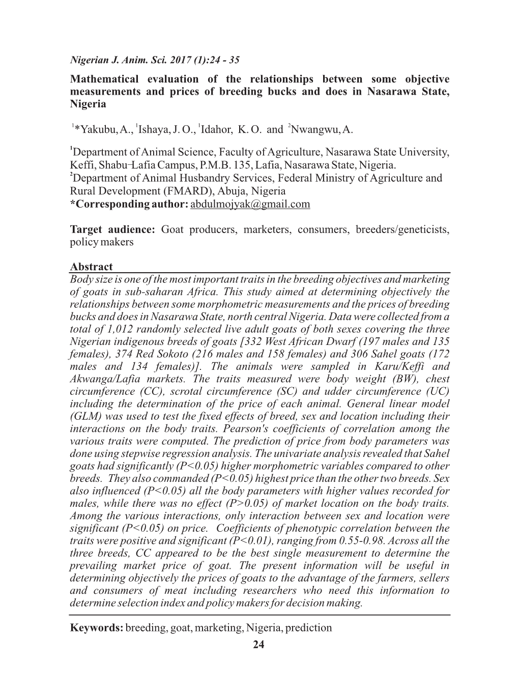 Mathematical Evaluation of the Relationships Between Some Objective Measurements and Prices of Breeding Bucks and Does in Nasarawa State, Nigeria