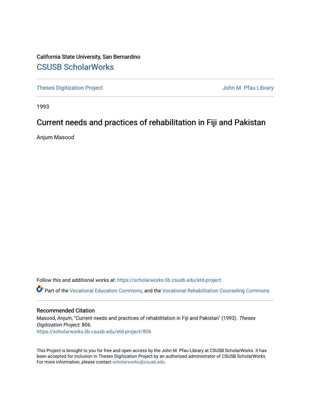Current Needs and Practices of Rehabilitation in Fiji and Pakistan