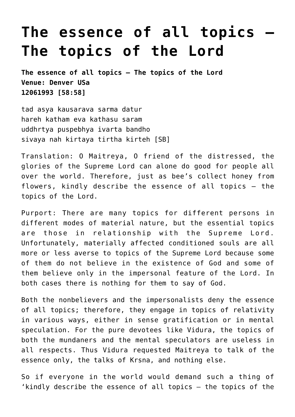 The Essence of All Topics &#8211; the Topics of the Lord