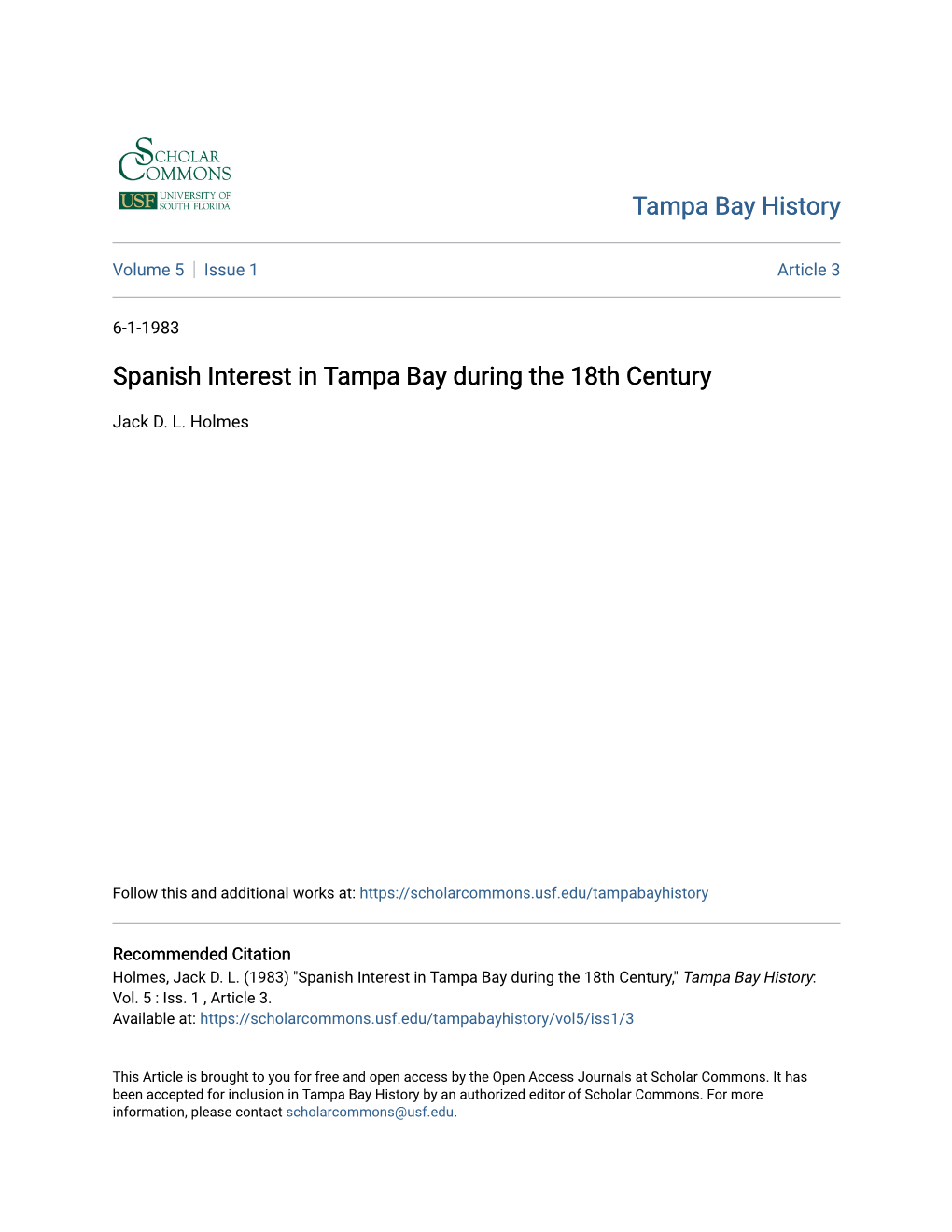 Spanish Interest in Tampa Bay During the 18Th Century