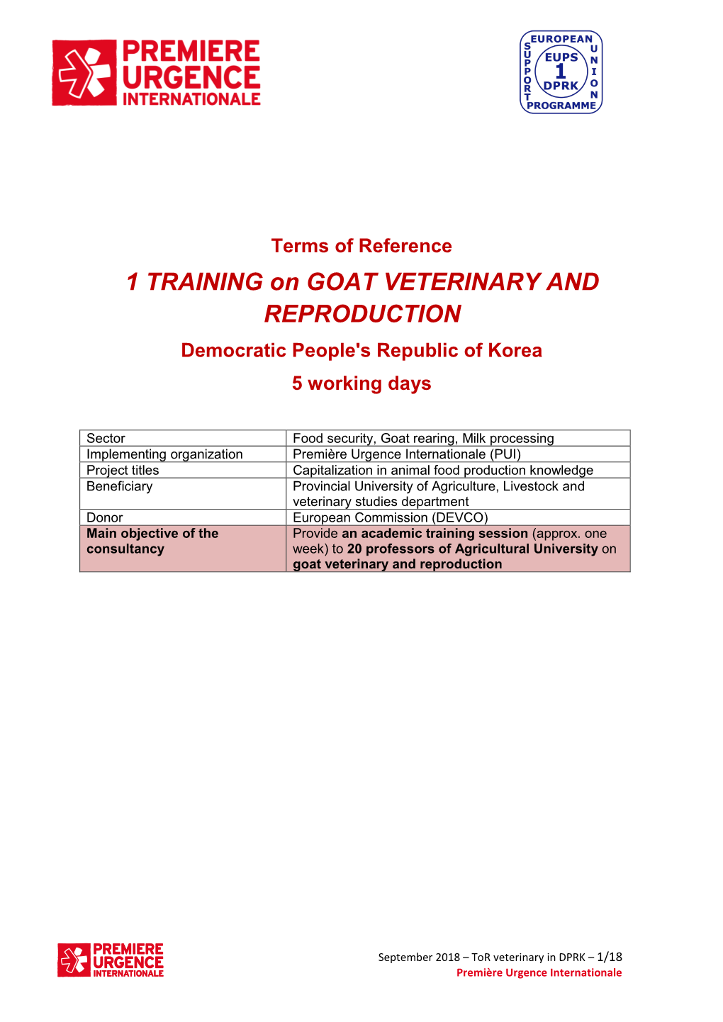 1 TRAINING on GOAT VETERINARY and REPRODUCTION Democratic People's Republic of Korea 5 Working Days