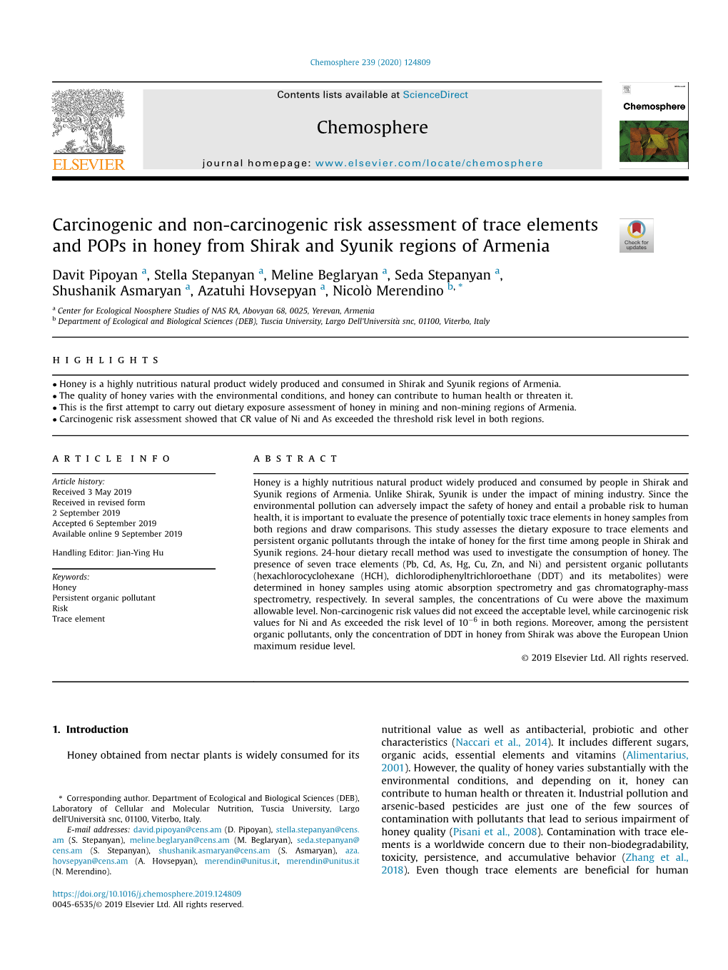 Carcinogenic and Non-Carcinogenic Risk Assessment of Trace Elements and Pops in Honey from Shirak and Syunik Regions of Armenia