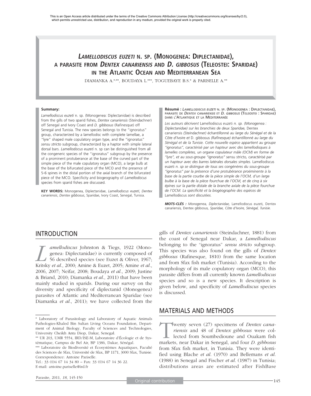 Monogenea: Diplectanidae), a Parasite from Dentex Canariensis and D